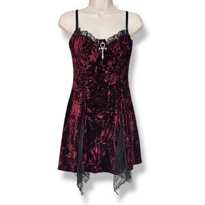 Dolls Kill Widow Red Velvet Lace Trim Mini Dress Size S Vampire Goth Witch NWT